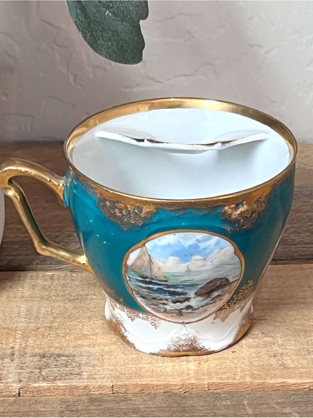 Antique 1909 Three Crown China Germany Porcelain Mustache Cup Teal Gold Nautical